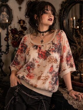 FANG Floral Semi-Sheer Blouse Watercolor Half Sleeve Romantic Cottagecore Boxy L